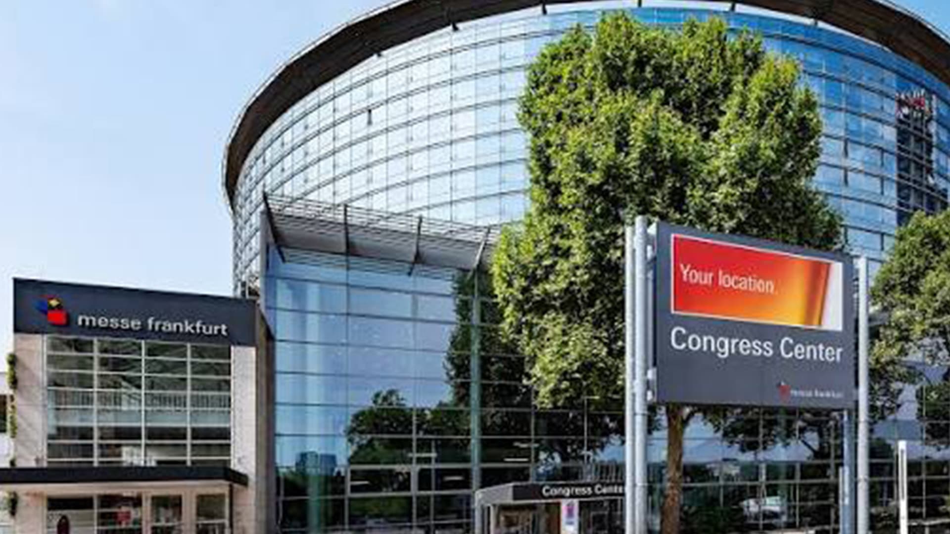 Messe Frankfurt Congress Center entrance with venue signage, Frankfurt